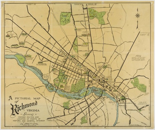 Lewis, W. M., cartographer. A pictorial map of Richmond, Virginia : showing highway routes and locat