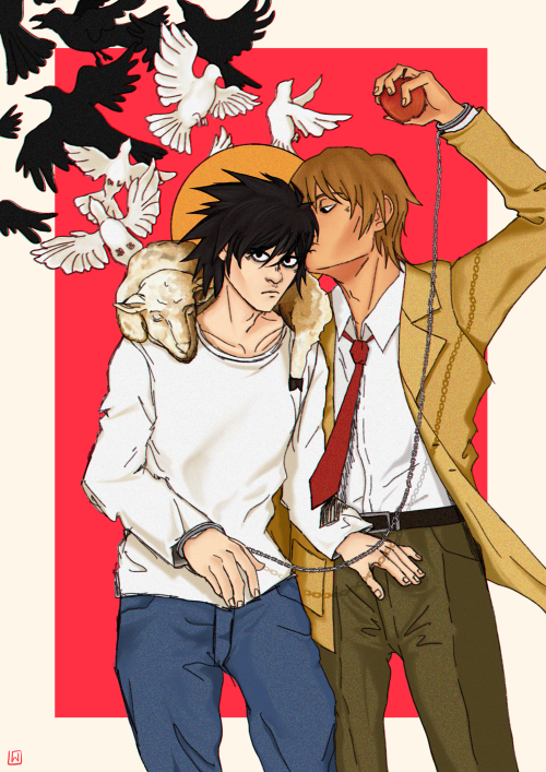 larawoodofficial: drawing of L Lawliet and Light Yagami from the hit manga and anime series &ls