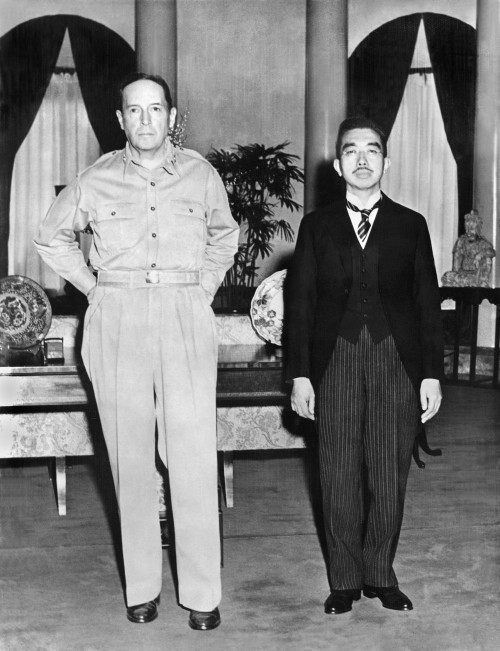 American general Douglas MacArthur, Supreme Commander of Allied Powers in Japan, and Hirohito, emper