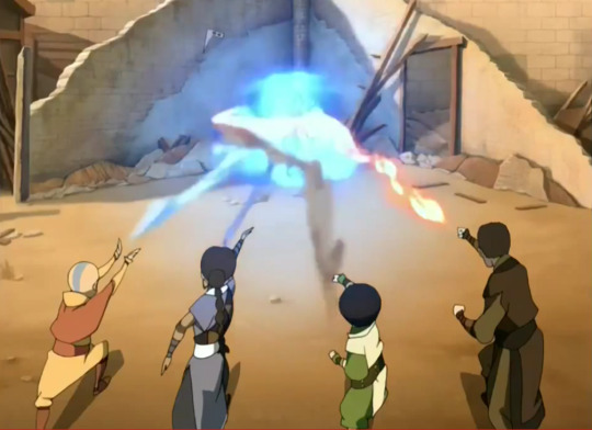 xenavitani:  focusas:  amporas:  ok so i screenshotted this moment because i thought it was pretty cool the first time we get to see all four elements working together for a common enemy, blah blah blah, but i started laughing because sokka’s fucking