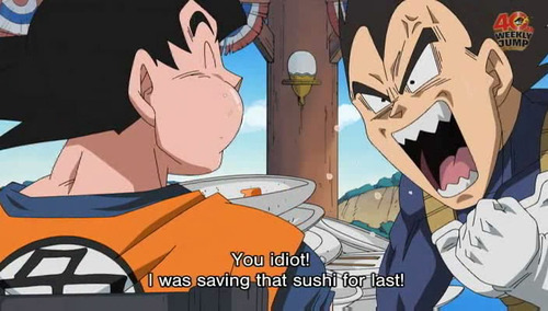 duvete:    yum!  VEGETA’S FACE.   I don’t think Goku’s very sorry.  OMG VEGETA WAOUHAGUAUh;dsuaga;uhga;uga DYING.               