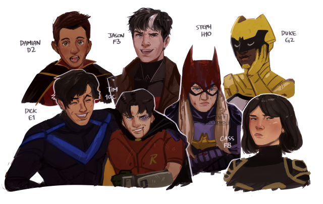 headshot drawings of various batfam members with different expressions. damian is in awe, jason looks triumphant, duke looks content in a catlike/uwu way, cass is blushing and pouty, steph is covered in blood and annoyed, and dick is laughing with his arm thrown around a beat-up, yet victorious looking tim.