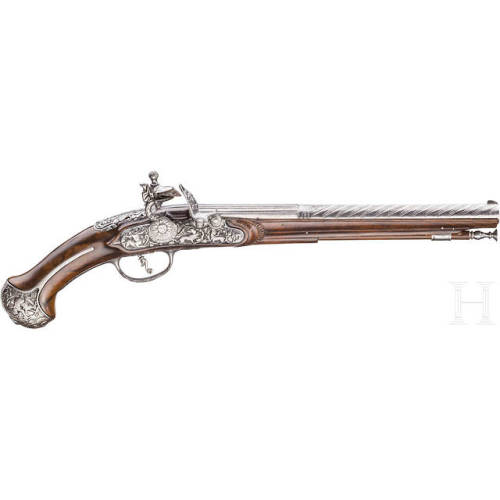 Engraved and chiseled flintlock pistol crafted by Lorenzo de Stefani, Italy, late 17th century.from 