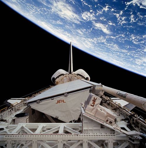 View of Space Shuttle Endeavour&rsquo;s payload bay during STS-68, showing hardware for a range 