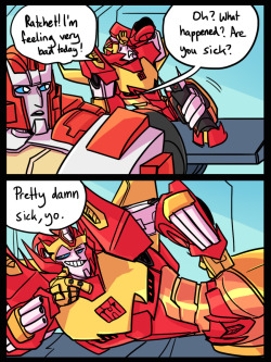 herzspalter:  Rodimus visits the medbay every day to deliver more jokes he thinks are new and witty but actually aren’t.  Please forgive the awful gif quality that destroyed some colors :( It looks better in full view! 