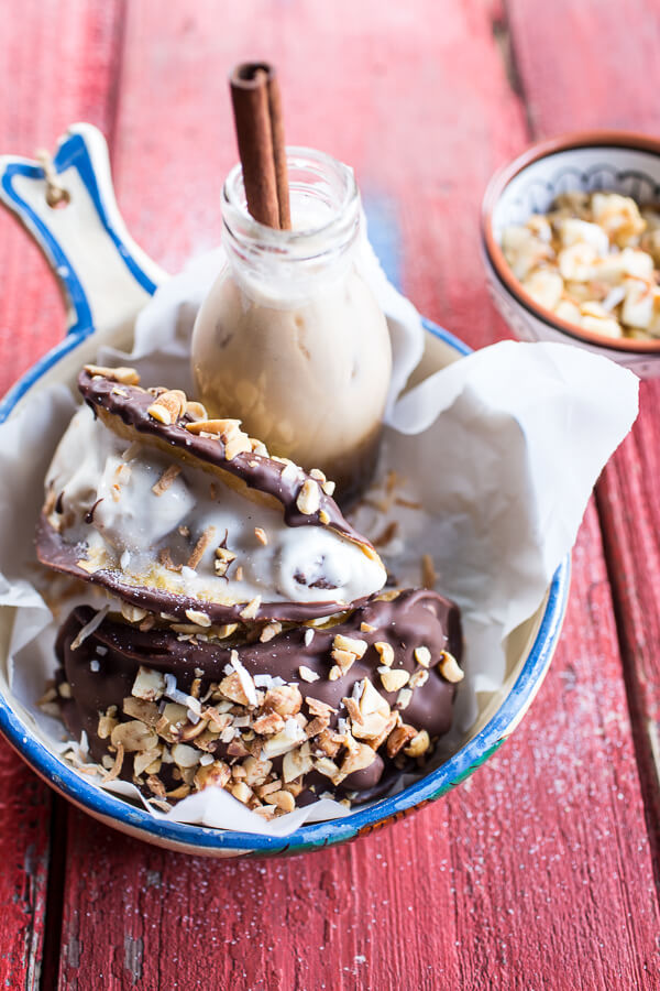 nom-food:  Tres leches coconut and chocolate fudge ice cream tacos with banana peanut