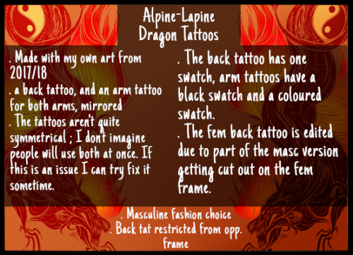 alpine-lapine: [TS4 Tattoos] 3 Dragon TattoosSome of my old dragon art from 2017-18 changed into TS4