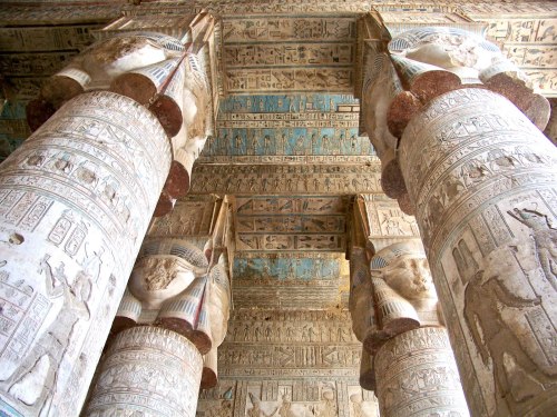 Hathor temple, Dendera, EgyptThe faces scraped in columns and destroyed reliefs are works of Christi