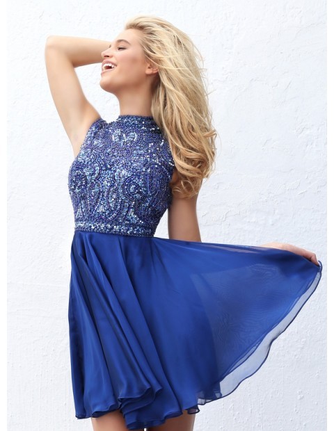 Beading encrusts the sleeveless bodice with choker neckline and full back of this Sherri Hill 50695 