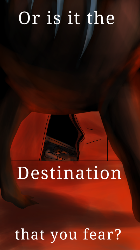 A verticle image depicting barney calhoun laying trapped and unconcious in a crashed elevator. in the forground encircling the top and sides of barney is a houndeye. overtop the image reads the text: or is it the destination that you fear?