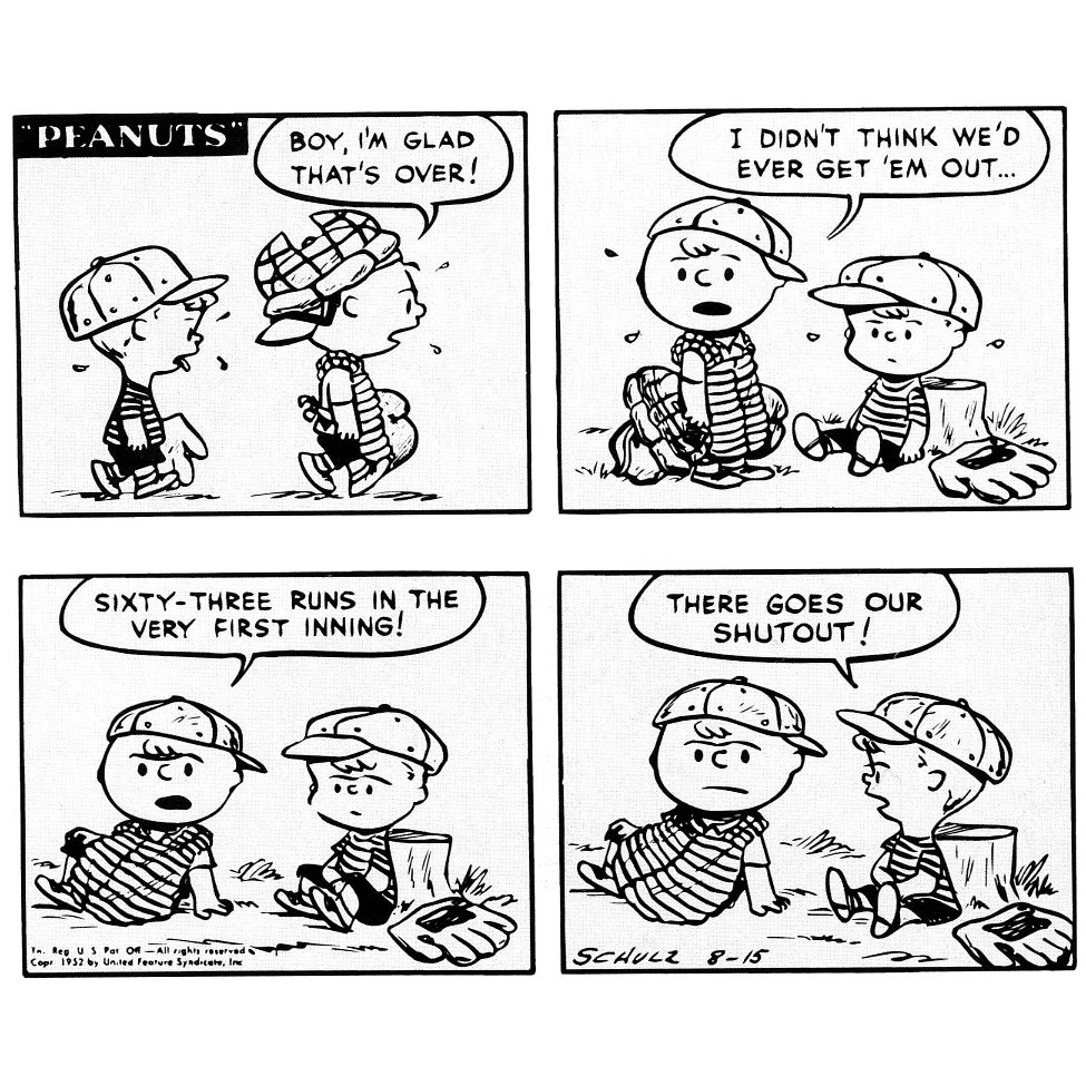In this early comic strip, it is Charlie Brown (and not Schroeder) who is playing catcher.