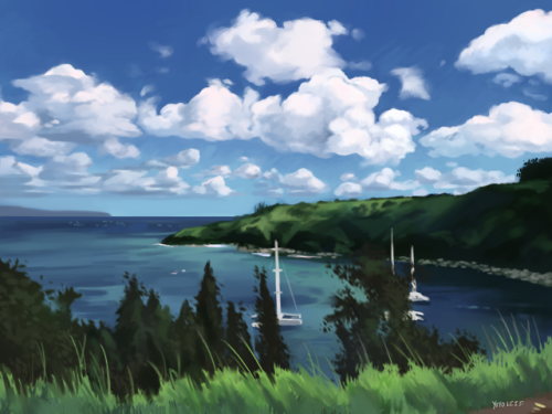 Practicing painting backgrounds! Ref is a photo I took while at Honolua Bay in 2015. I can’t even de