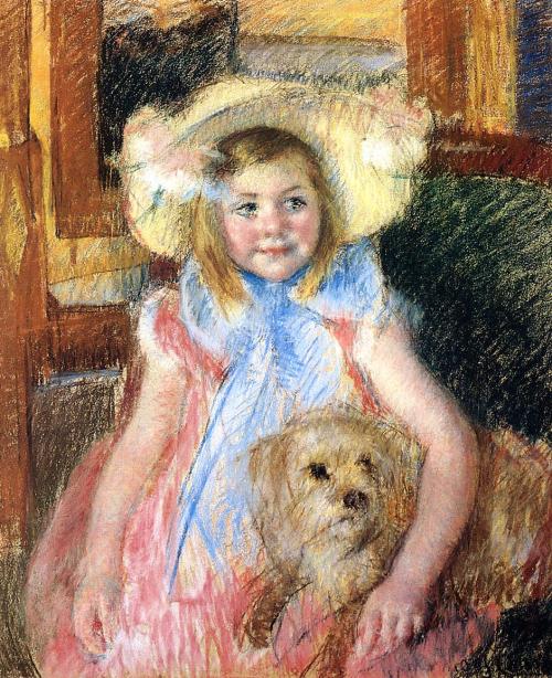 artist-cassatt: Sara in a Large Flowered Hat Looking Right Holding Her Dog, 1902, Mary CassattMedium