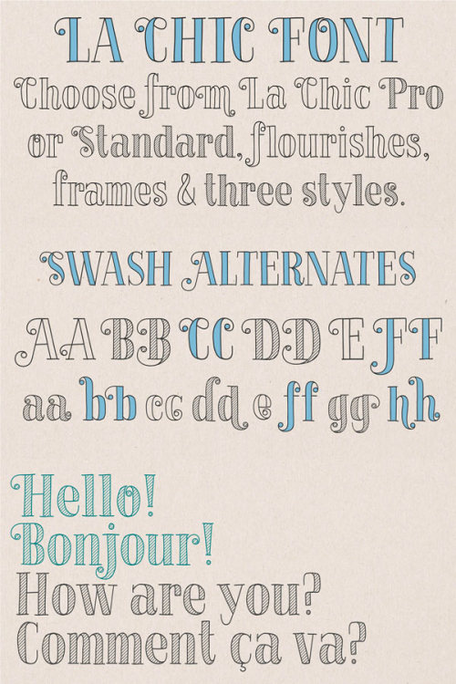 La Chic - Handmade Fonts La Chic from foundry Cultivated Mind is a handmade font family consisting of 575 glyphs including alternate versions and ligatures.
Buy the La Chic family on MyFonts.com
More of the handmade La Chic font family on WE AND THE...