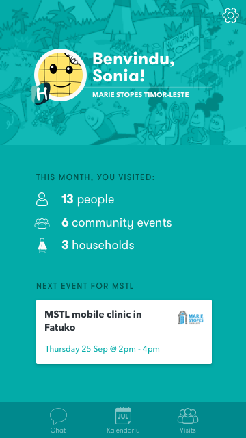 This is one proposed version of an app’s front page. It focuses on a user’s impact on the Hamutuk program (how many people, events, and households they’ve visited) as well an upcoming event for their organization.
Learn more at Hamutuk.tl about its...