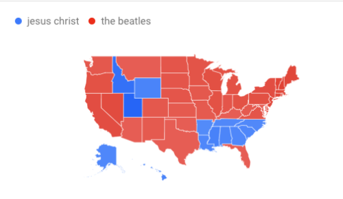 lennonmctasty: mapsontheweb: US States where The Beatles are bigger than Jesus Christ, by Google sea