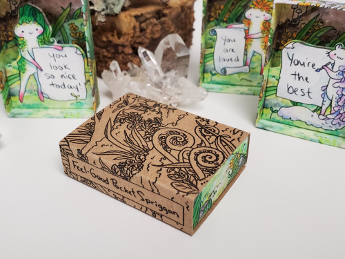 Feel-Good Pocket Spriggans! Little handmade paper boxes featuring cheerful Spriggans and encouraging