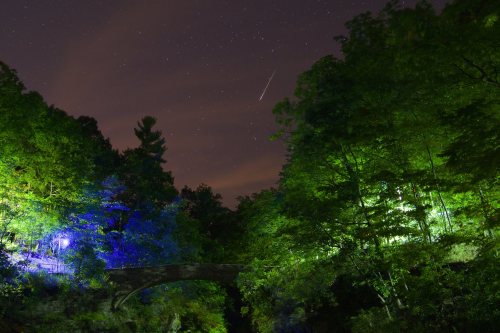 cornelluniversity: Meteor captured over the Stone Arch Bridge and Beebe Lake early Friday morning du