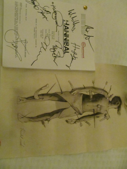 Signed script for Buffet Froid and a print of Hannibal&rsquo;s Wound Man drawing, complete with arti