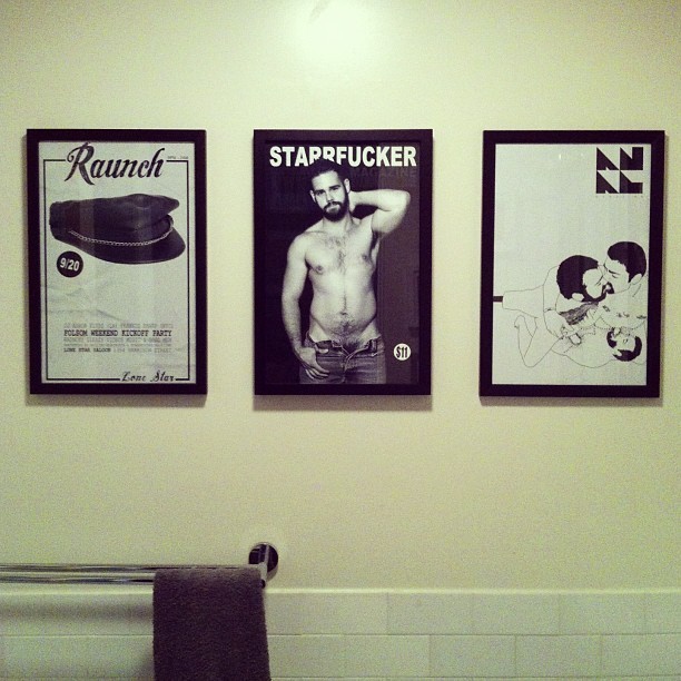 starrfuckermag:  My guest bathroom with framed Raunch, Starrfucker Magazine and Anal