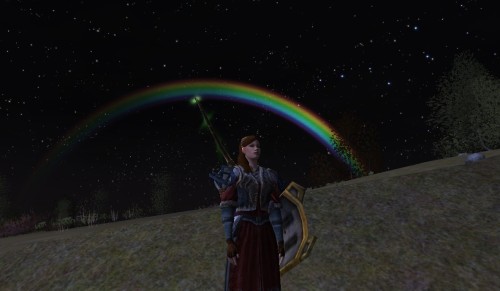 There was a pretty rainbow in LOTRO tonight and Maiti was thinking of her girlfriend. Bonus selfie w