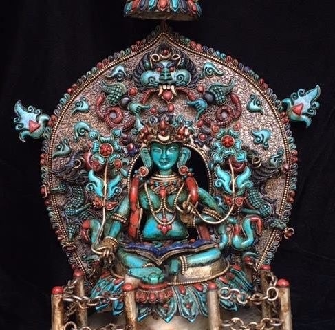 Masterpiece Buddhist Green Tara Shrine crafted with Gem Inlay of Lapis, Coral &amp; Turquoise Fo