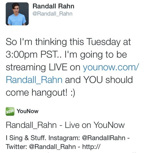 Tuesday, September 2nd. 3:00pm PST! Come hangout on YouNow.com/Randall_Rahn