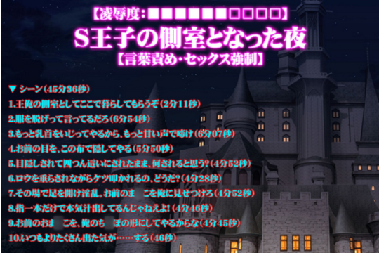 The Night you became a Prince’s Concubine  http://www.dlsite.com/ecchi-eng/work/=/product_id/RE196078.htmlPrice 756 JPY  $ 6.71 Estimation (20 March 2017)        [Categories: Software Voice] Circle : Forceful Violation FemSub Musical Suite
