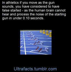 ultrafacts:    In track and field sprints, the sport’s governing body, the IAAF, has a rule that if the athlete moves within 0.1 seconds after the gun has fired the athlete has false-started. This figure is based on tests that show the human brain