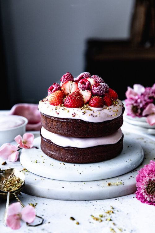 Chocolate Sponge Cake with Hibiscus Cream Cheese Frosting