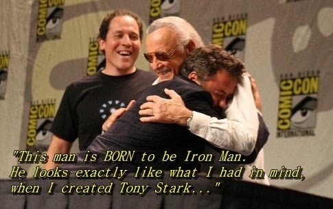 Now there’s some gratitude (Robert Downey Jr. hugs writer Stan Lee after his revealing