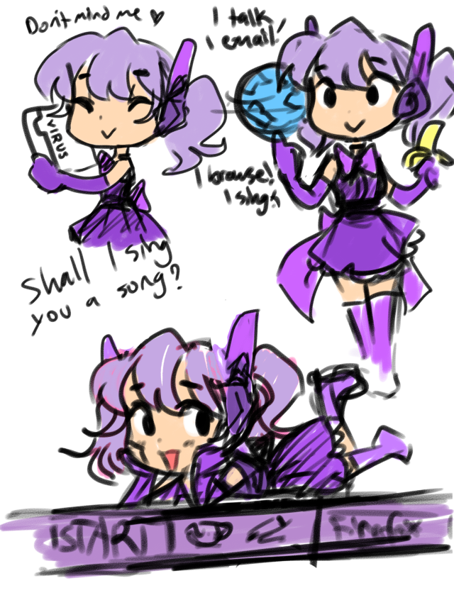Waifu bonzai buddy!Just a little phone doodle of my galaxy brain idea… She can be like a little computer tomagatchi that sings vocaloids 💖