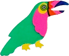 sticker of a green and pink toucan with its mouth slightly open.