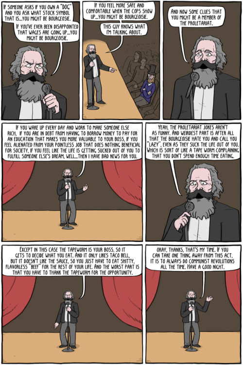 existentialcomicsfeed:Philosophy Comedy Club, with Karl MarxDAVID STOP CUTTING FUCKING ONIONS.