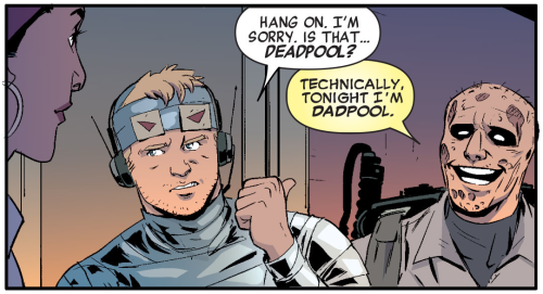 charlie-cluster-seven:Hawkeye vs. Deadpool 000So fucking cute lol dadpool.