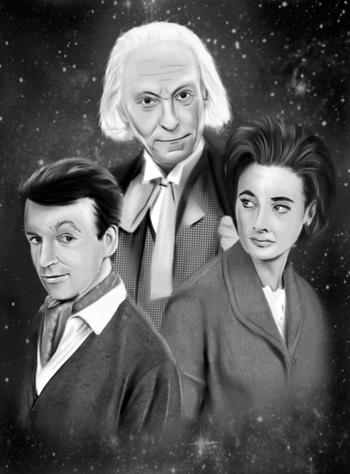 The First Doctor, Barbara And Ian. Gimp+Wacom Bamboo. Available On Society6 And Redbubble.
