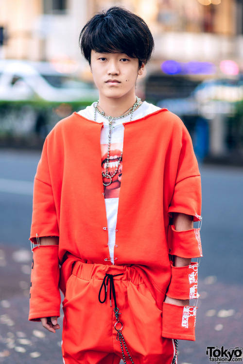 16-year-old Japanese student New Kappa on the street in Harajuku wearing a remake jacket with cutout