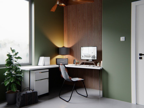 This workspace contains warm natural tones complimented by wood panels creating a textured backdrop.