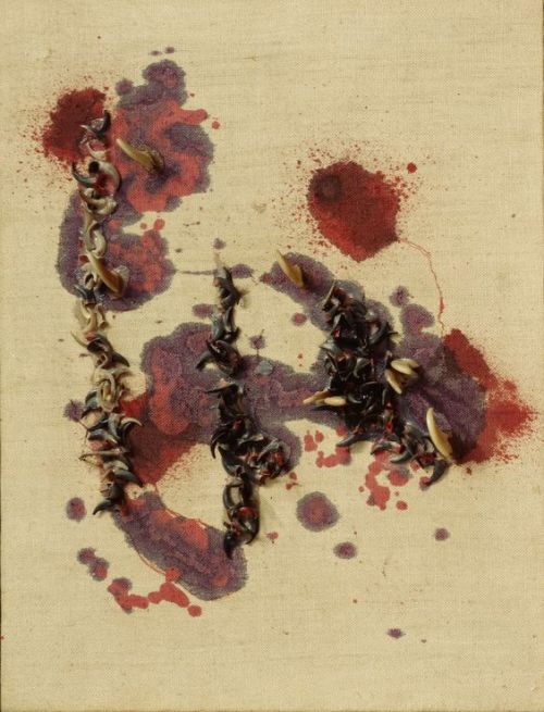 Carol Rama, “Contessa [Countess]” (1963), animal claws and oil on linen, 17 3/8 x 13 ¾ inches