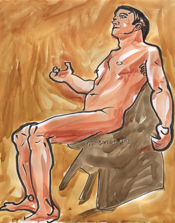 New model!  John.   At Tom&rsquo;s studio.   Ink and watercolor on paper,