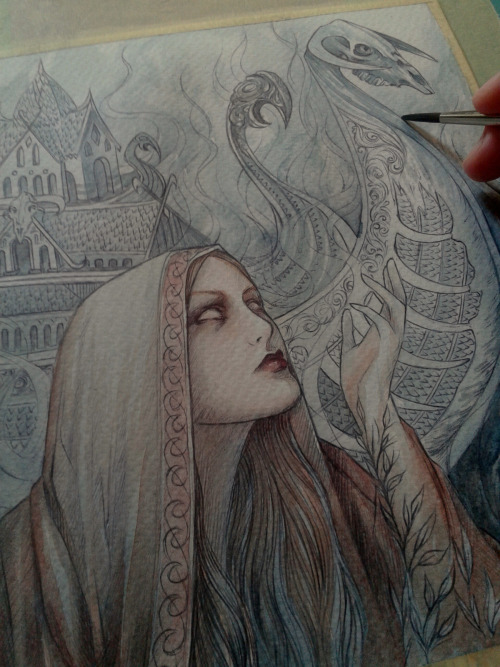 Work in progress for the Völva having the vision about Naglfar, watercolour. The final piece will be