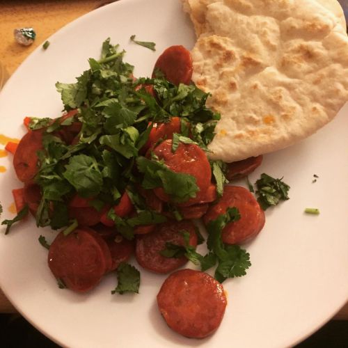 Gone for an old favourite tonight - chorizo fried in rose wine, with red chili, fresh coriander and 