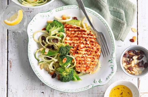 Griddled chicken with almond courgetti