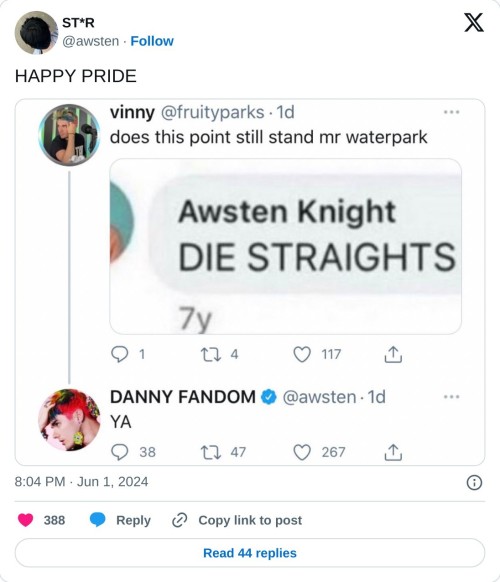 HAPPY PRIDE pic.twitter.com/3JZjdKdXHX
— ST*R (@awsten) June 1, 2024