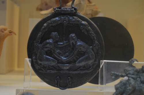 women-of-the-antiquity: greek-museums: Nafplion Archaeological Museum: A bronze box mirror with a sc