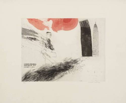 1. The Arrival, David Hockney, 1961, TatePurchased 1971Size: image: 300 x 400 mmMedium: Etching and 