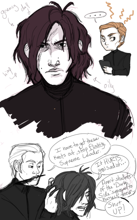 Stupid doodles while on the way to Nebraska, because consider Hux taking things into his own hands when Kylo, absolutely overwhelmed and almost constantly in crisis, continues with his hair’s descent into a neglected, tangled mess.