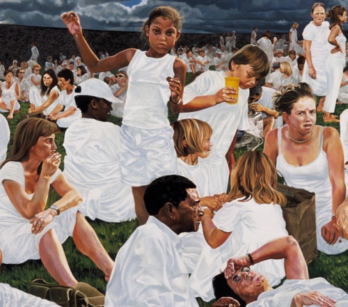 Deborah Poynton (South African, born 1970), The Waiting Room, 2003 (left panel, right panel, center detail, overall). Oil on canvas, 95 x 300 cm