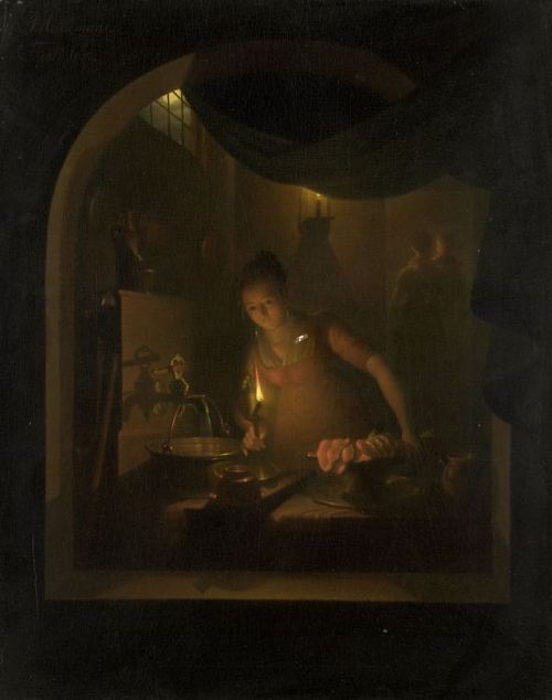 Adriaan Meulemans (1763-1835), Kitchen by Lamplight. Oil, 1817.