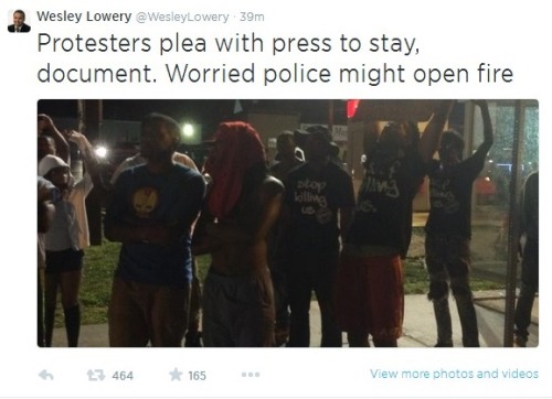 primadollly: Tweet (as of 8-16 at 3:50am EST): Protestors plea with press to stay, document. Worried